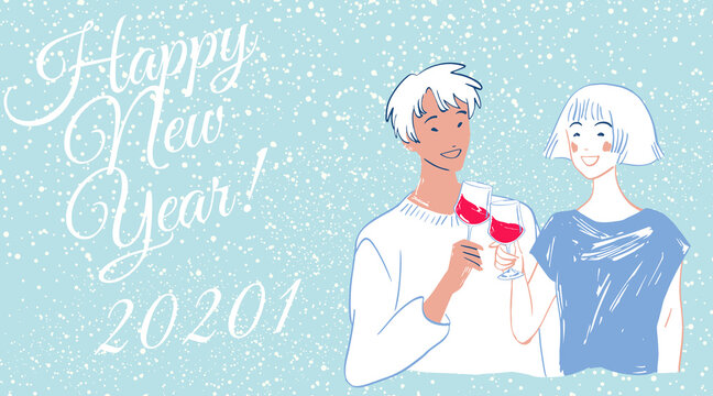 Happy new year greeting card.

Greeting card: couple with glasses of wine and the inscription: happy new year 2021 on a gentle blue background.