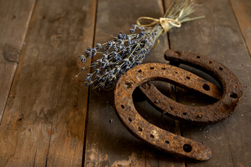Vintage retro horseshoes with lavender bouquet.