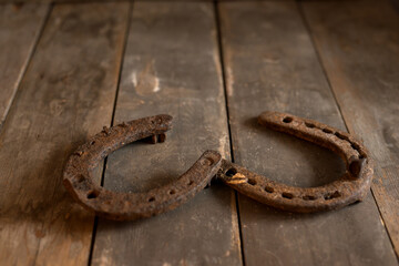 Vintage retro horseshoes on a woolen background.
