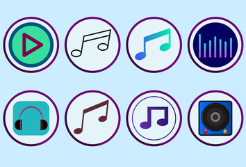 Set of music icons with different color and style isolated purple circle vector design