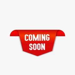 Coming soon red ribbon label banner. Open available 