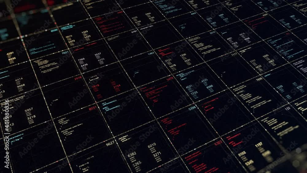 Poster cells with digital data. animation. spreadsheet with digital dates arranged in cells on dark backgro