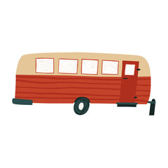 Retro rv trailer isolated on white background. Fun hand drawn motor home in profile. Flat style recreational vehicle drawing. Cute journey transportation design. Trendy vector illustration