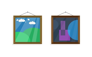 Pictures gallery in frame on room wall. Interior elements. Flat style vector illustration.