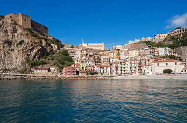 View of the village from the sea with the castle of Ruffo di Calabria, Scilla, district of Reggio Calabria, Calabria, Italy, Europe - obrazy, fototapety, plakaty