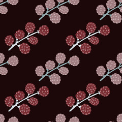 Pale red and pink blackberry branches seamless pattern. Food backdrop with brown background.