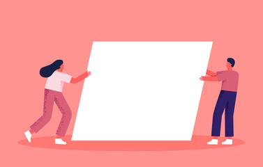 A man and a woman are holding a white rectangle. Teamwork, pushing geometric shapes. Collaboration, concept, flat illustration