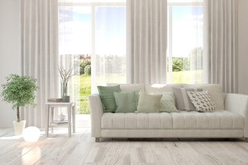 White living room with sofa and summer landscape in window. Scandinavian interior design. 3D illustration