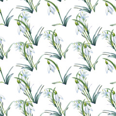 Spring background, watercolor seamless pattern of snowdrops.