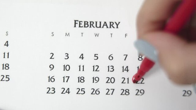 Female hand circle day in calendar date with a red marker. Business Basics Wall Calendar Planner and Organizer. FEBRUARY 22th