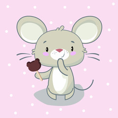 Cute drawn mouse rejoice at ice cream.