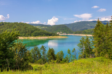 Naklejka na ściany i meble Sunny summer day on artificial Zaovine lake on Tara Mountain, Serbia.