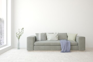 White living room with sofa. Scandinavian interior design. 3D illustration