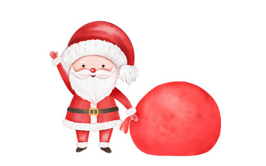 Cute Santa Claus with big gift bag, Christmas watercolor illustration isolated on white background