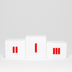 Winner stand on the award ceremony. With first, second and third place. White pedestal on gray background
