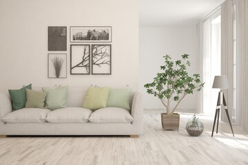 White living room with sofa. Scandinavian interior design. 3D illustration