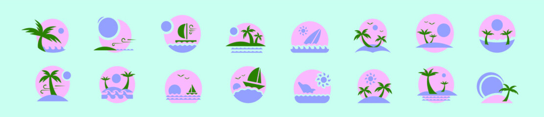 set of summer beach cartoon icon design template with various models. vector illustration isolated on blue background
