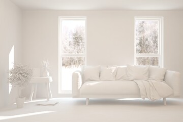 White living room with sofa and winter landscape in window. Scandinavian interior design. 3D illustration