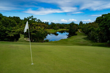 Fototapeta premium Lemuria Golf course green on hole nr. 11 Resort Praslin Seychelles 