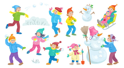 Obraz premium Winter fun. Happy children sledding, playing snowballs, making a snowman. In cartoon style. Isolated on white background. Vector flat illustration