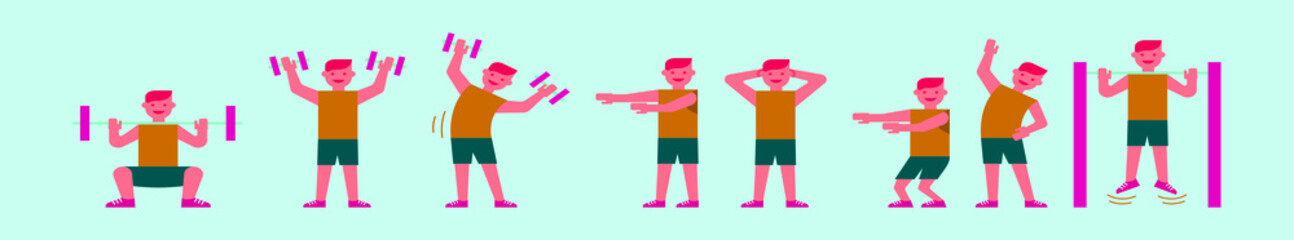 set of sportsman training cartoon icon design template with various models. vector illustration isolated on blue background