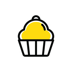 Flat MBE style black gold sweet dessert bakery icon, lovely yellow orange beverage ice cream item, adorable product illustration for snack shop liquor bar logo, a piece of cheese cake and cherry fruit