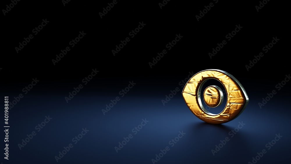 Poster 3d rendering symbol of visibility button wrapped in gold foil on dark blue background