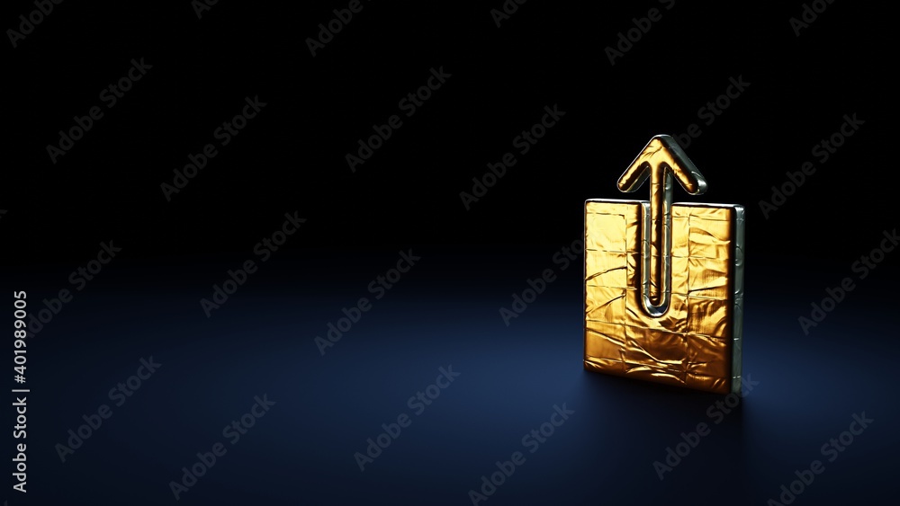 Poster 3d rendering symbol of upload wrapped in gold foil on dark blue background