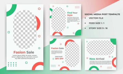 Set of Editable square banners. Fashion sale social media post design with a photo collage. White background with abstract orange and green color.  Suitable for social media feed, story, and banner.