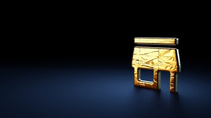 Fototapeta na wymiar 3d rendering symbol of store wrapped in gold foil on dark blue background