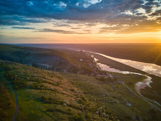Beautiful view over the river on a sunrise. Outdoor recreation. Dniester panorama.