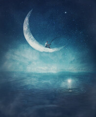 Surreal scene with a boy fishing for stars, seated on a crescent moon with a rod in his hands....
