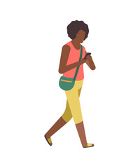 Walking flat cartoon character. Modern young happy cartoon female charecter in casual clothes walks in park, black woman with smartphone leisure time activities vector isolated illustration
