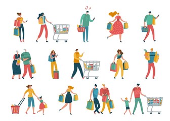 Fototapeta na wymiar Shopping cartoon people. Man, woman and families with shopping bags in mall, supermarket and grocery. Couples and parents with kids buying gifts in shop flat vector isolated cartoon set