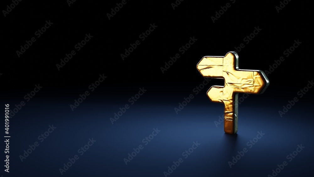 Poster 3d rendering symbol of pointer wrapped in gold foil on dark blue background