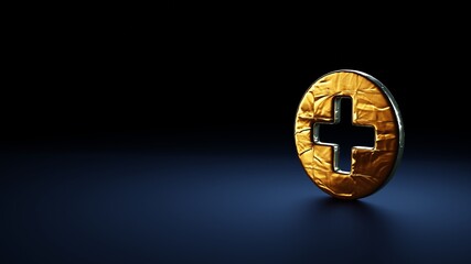 3d rendering symbol of plus circle wrapped in gold foil on dark blue background