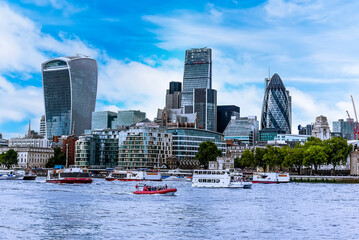 A view across the River Thames from City Hall, London, UK towards the City of London