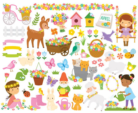 Clipart set for spring. Cute cartoon springtime items such as flowers, kids, gardening tools and animals.
