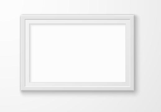Image white frame. Realistic blank elegant picture on wall, modern interior template, rectangular empty photoframe mockup, montage space for illustration or photography vector element