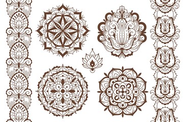 Mehndi elements. Ethnic temporary henna tattoo elegant brown ornaments, oriental seamless borders and mandalas, indian traditional floral laces design, decor template vector isolated set