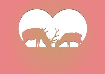 Valentines Day Greeting Card Design. Beautiful Background with Paper Cut Heart with deers and copyspace