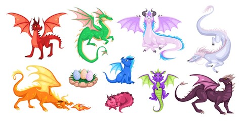 Magic dragons. Fantasy funny creatures, big flying fairy animals, fire-breathing legendary characters, adults and babies mythical reptiles. Childish bright cartoon vector set