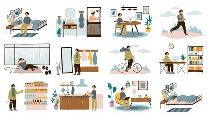 Daily man routine. Everyday young guy life activities, male leisure and work, home and office, sport and walk, sleep and breakfast. Different everyday situations. Vector cartoon set
