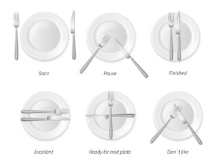 Dining etiquette. White porcelain plates with silverware, restaurant rules, top view cutlery positions, forks and knives signals, signs to waiter. Vector concept realistic isolated icons