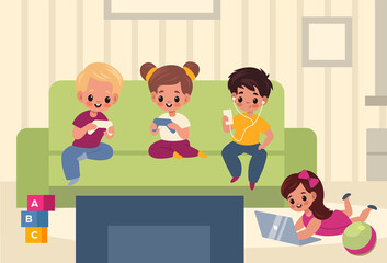 Children playroom. Kids with gadgets, boys and girls use means social communication, new generation digital lifestyle with smartphones and laptops. Addicted to gadgets vector concept