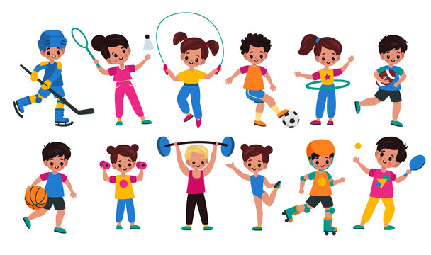 Sport kids. Children with sports attributes, boys and girls with different balls, fitness accessories and rackets. Young characters plays hockey, tennis and basketball. Cartoon vector set