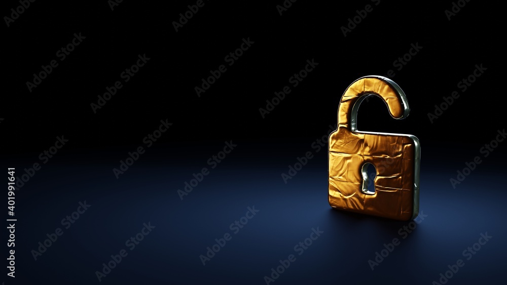 Poster 3d rendering symbol of padlock wrapped in gold foil on dark blue background