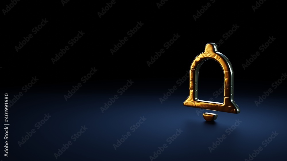 Poster 3d rendering symbol of notifications bell button wrapped in gold foil on dark blue background