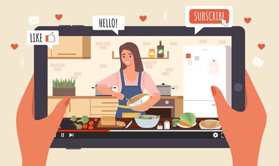 Cooking Live Streaming. Hands hold tablet with video, blogger prepares meal online, woman cooks homemade food, apps icons, vlog or show channel with culinary tutorial, vector concept