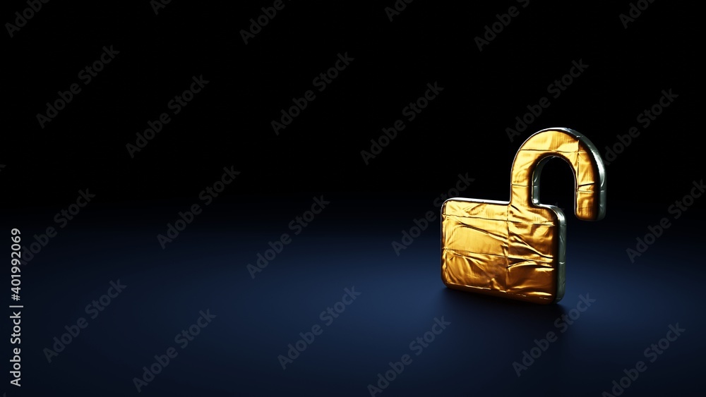 Poster 3d rendering symbol of lock open wrapped in gold foil on dark blue background